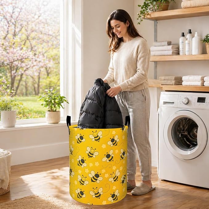 Cute Bee Laundry Basket, Adorable Bumblebee Floral Oxford Cloth Dirty Clothes Collapsible Hamper for Room Decor, Cartoon Gifts, Toy Organizer 19.7 x 15.7 Inches for Bedroom Bathroom Dorm