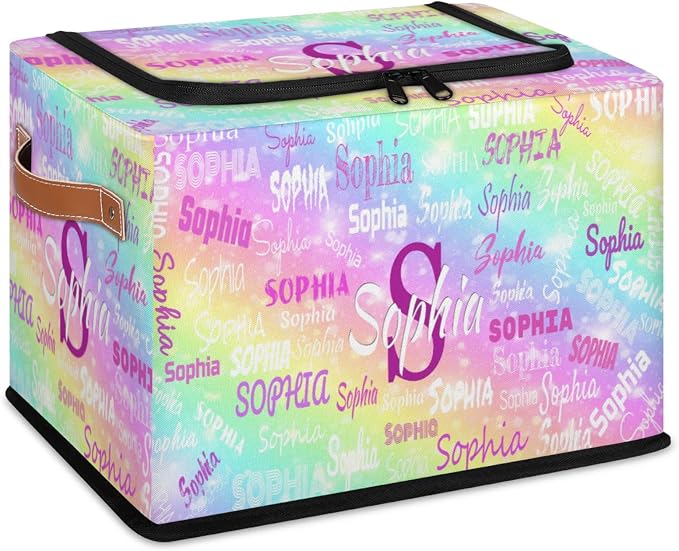 Personalized Kids Toy Box with Name, Custom Baskets Cubes Box with Zipper Lid, Kids Custom Storage Basket Laundry Baskets Organizer with Handles, Colorful Rainbow Pink Yellow Blue with Stars
