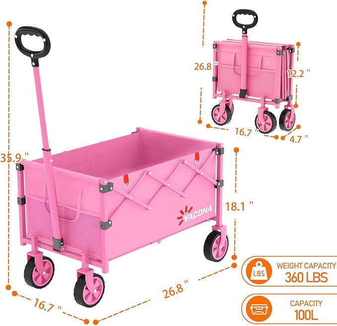 Yozoia Wagons Carts Foldable,Utility Beach Grocery Wagon with Wheels,Pink | Foldable, Lightweight, Portable, Simple Installation, for Camping Shopping Beach Garden Sports