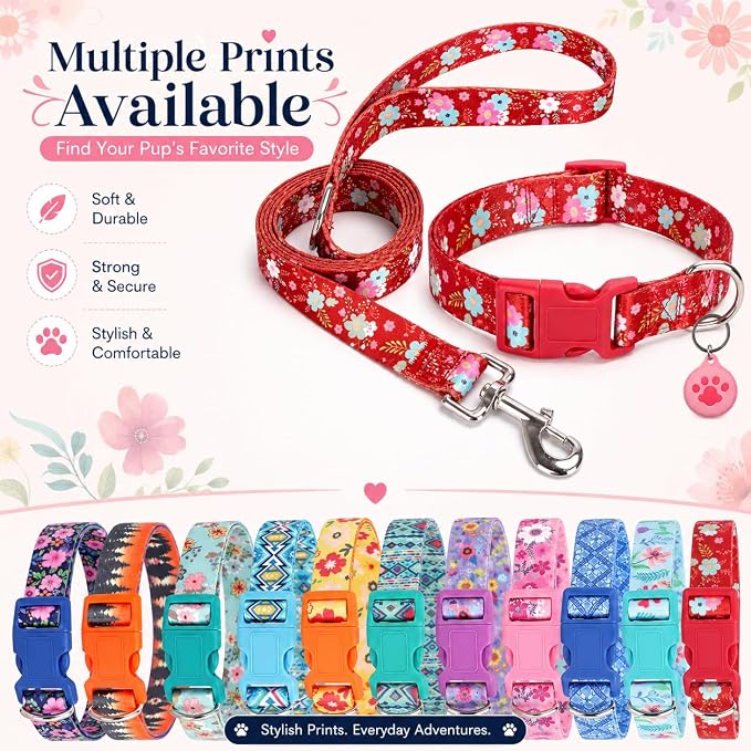 Floral Matching Dog Collar and Leash Set with AirTag Holder-Red Daisy/M | Anti-Lost,Adjustable Durable Pet Collar Leash Combo for Medium Boy Girl Dogs,for Outdoor Walking Hiking Training Running