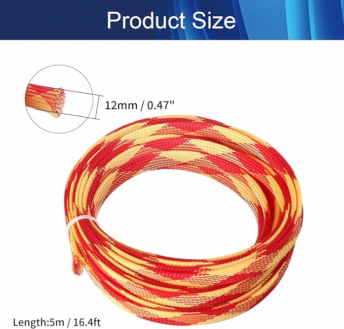 Jutagoss PET Expandable Braided Cable Sleeve, 16.4ft - 1/2 inch Red Yellow Cable Management Sleeve, Wire Loom Tube Cord Protector for USB Cable, Power Cord, Audio Video and More, 1Pc
