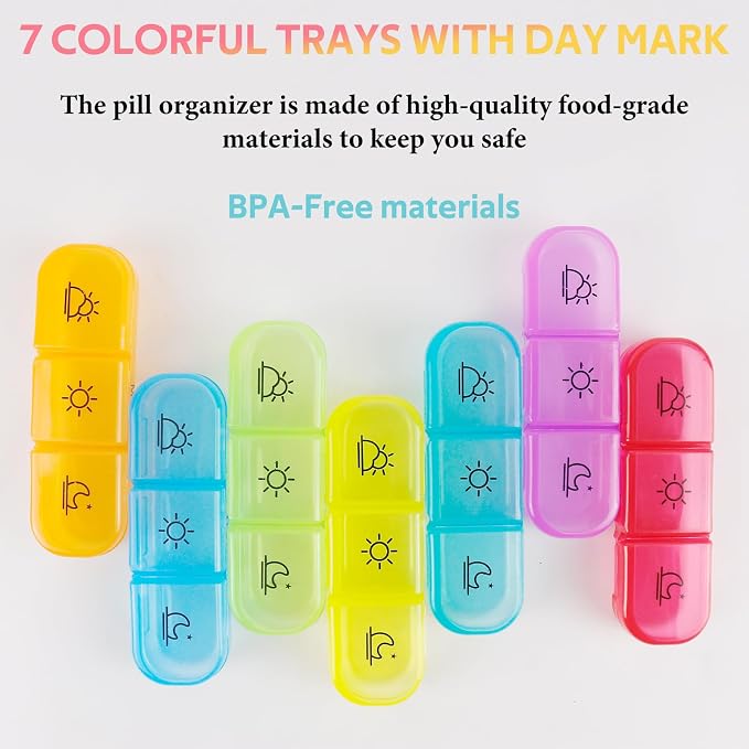 Weekly Pill Organizer 3 Times a Day, 7-Day Pill Boxes, Monthly Medication Organizer 21 Days Portable Compartments & Moisture-Proof Outer Case for Vitamins, Fish Oils, Supplements (Color)