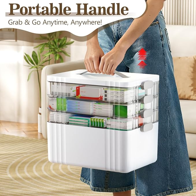 ARSTPEOE 4-Tier Medicine Organizer - Portable Medicine Cabinet with Handle | Multipurpose Medical Box, Pill Organizer, Empty First Aid Kit for Home