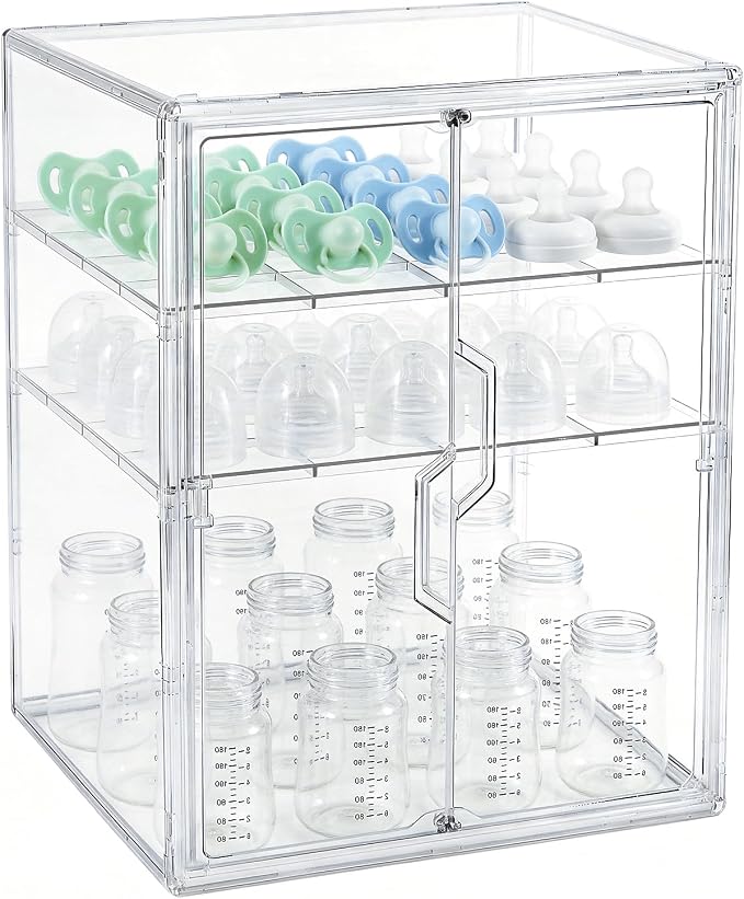 ERTIUANIO Baby Bottle Organizer for Countertop Cabinet Storage | 3 Tier Adjustable Clear Acrylic Station Container with 2 Removable Dividers for Vanity, Bathroom, Nursery, Gifts for New Mom