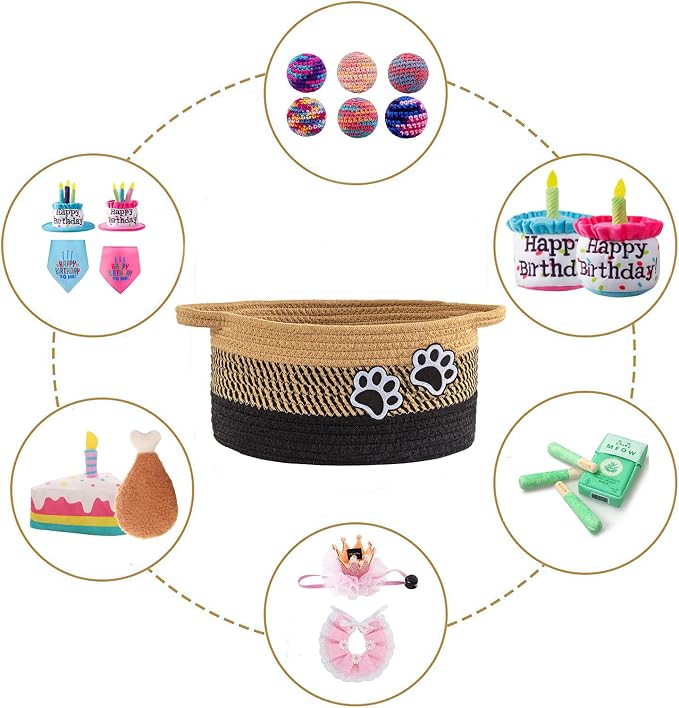 Small Woven Cotton Rope Nursery Organizer Bins, Dog Toy Basket Bins with Handle, Cute Empty Pet Gift Storage Baskets with Paw