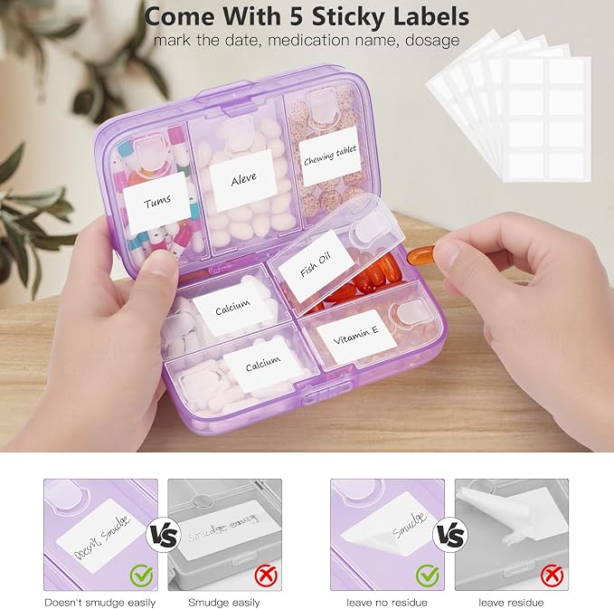 FYY Travel Pill Organizer, Large Weekly Medicine Pill Organizer-Purple | Airtight Moistureproof Medicine Case, Easy to Use, 8 Compartment Pill Box for Vitamins, Fish Oil, Supplements, Mini First Aid