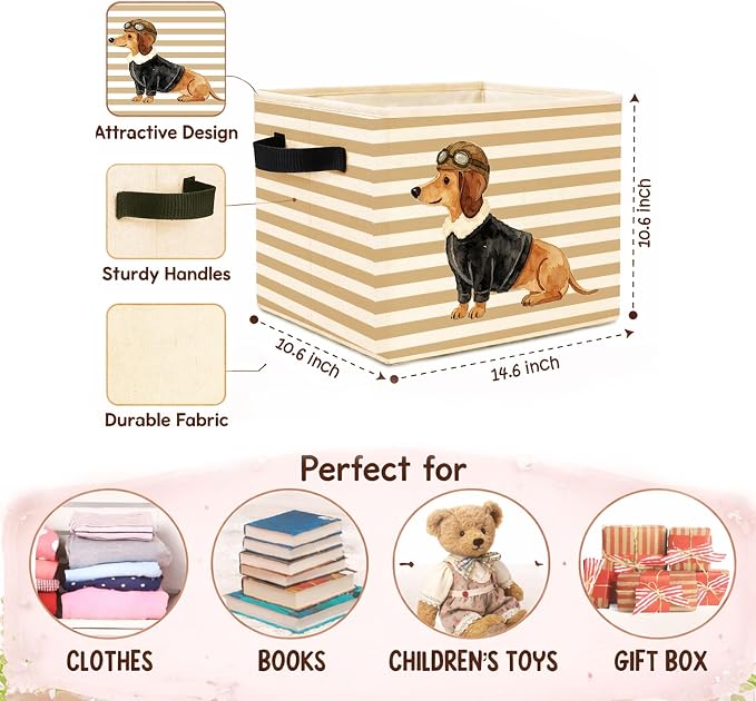 Aviator Dog Storage Bin, Dachshund Pilot Beige Stripe Fabric Basket | Beige stripe collapsible fabric organizer for nursery, bedroom, playroom, toys, books, clothes