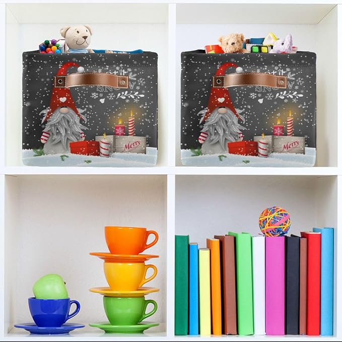 Winter Gnomes Storage Basket Fabric Kitchen Baskets Let it Snow Christmas Decorations Open Home Storage Bins Boxes Foldable Organizer Bag for Toy Book Shelf Closet Baskets 16×12×8 Inches 2 Pack