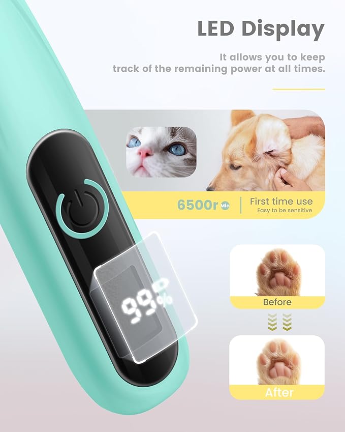 PAPMINI Dog Paw Trimmer with LED Display, 35dB Ultra-Low Noise Paw Trimmer for Dogs, Cordless Dog Clippers for Grooming with LED Light, Type-C Rechargeable Dog Hair Clippers for Paws, Ears, Face, Rump