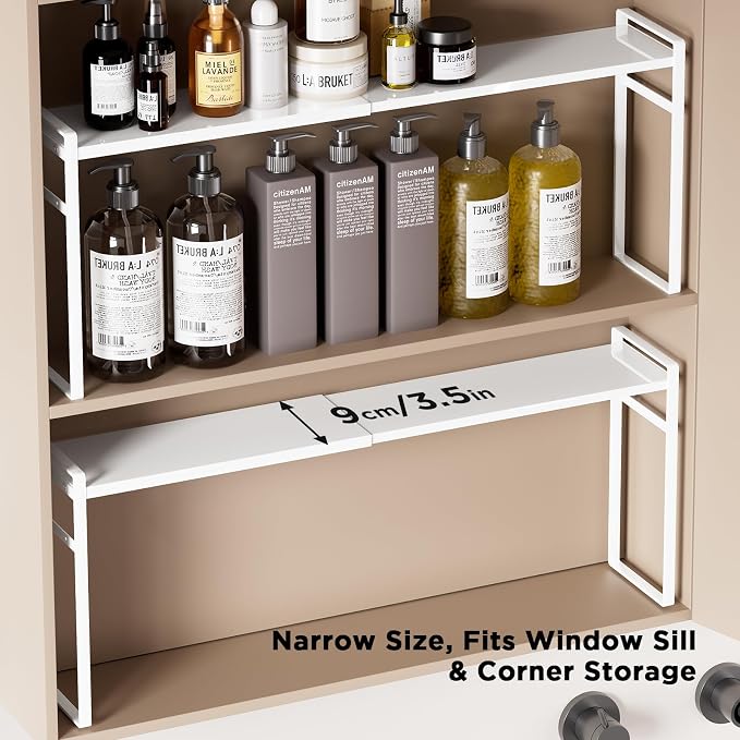 Expandable Medicine Cabinet Organizer, White | Heavy-Duty, Metal, Adjustable Shelf Trays, For Bathroom, Kitchen, Narrow Spaces, Space-Saving Storage Solution