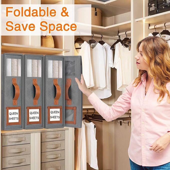 GhvyenntteS 12 Pack Bed Sheet Organizers and Storage, Sturdy Bed Sheet Organizer with Zipper and Handle, Foldable Linen Closet Organizers and Storage with Window and Label, Grey