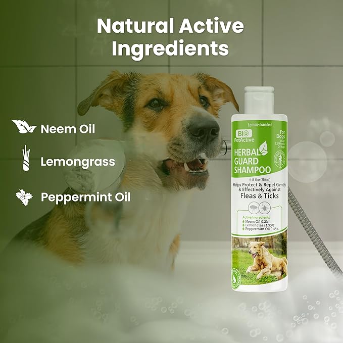 Bio PetActive Herbal Guard Dog Shampoo | pH Balanced Pet Shampoo for Healthy Skin and Coat | Itch Relief with Herbal Oils and Sensitive Paraben Free Formula | 8.45 oz