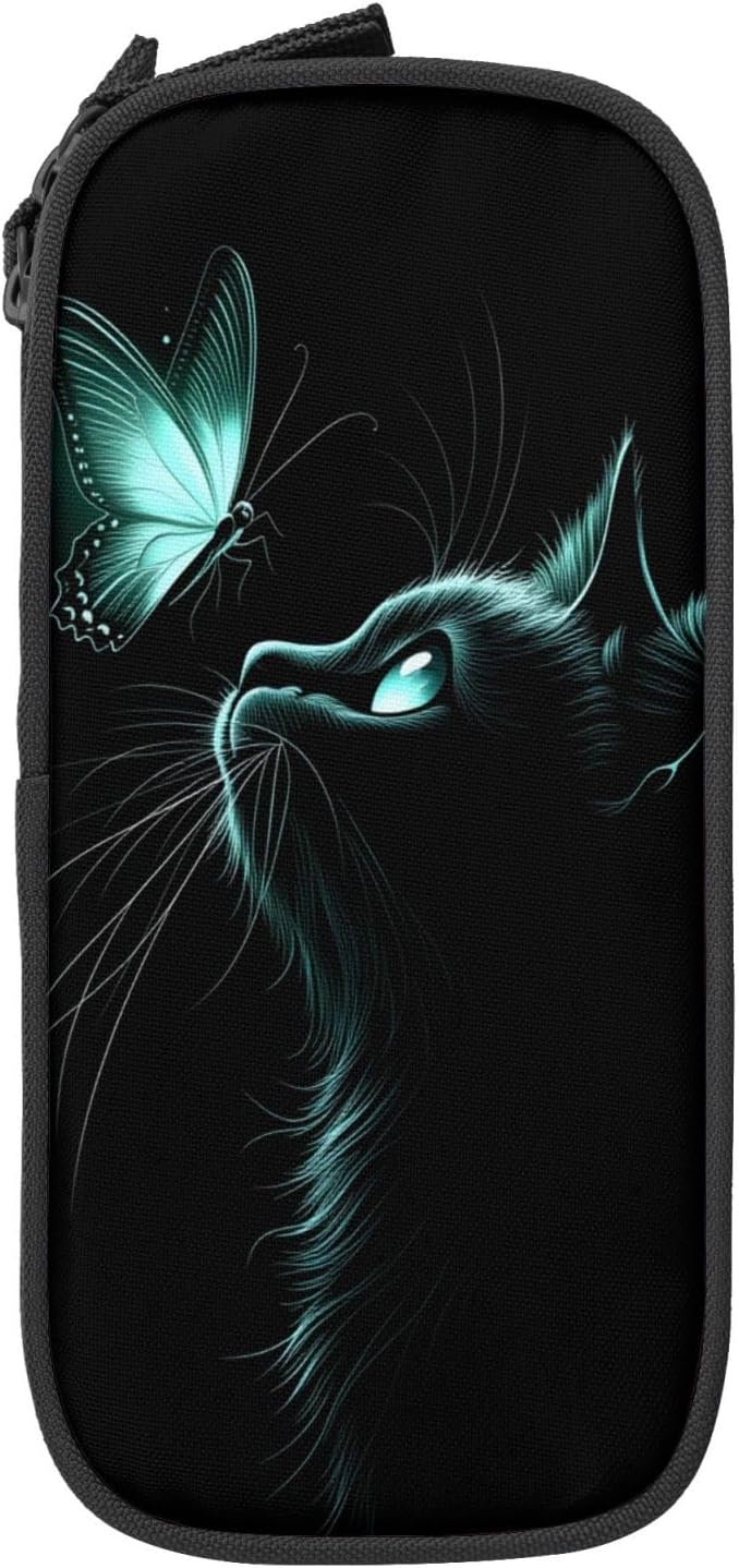 Blue Eyed Black Cat Butterfly Pencil Pouch, Oxford Cloth Pen Case With Double Zipper Compartments, Portable Stationery Organizer For Office Supplies, Travel Accessories Makeup Items