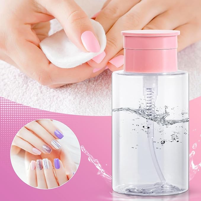 Nail Polish Remover Pump Dispenser, 2 Pack Acetone Safe ABS Bottle with Lockable Flip Cap - 200ml (6.8oz) Empty Push Down Container for Alcohol, Toner & Makeup Remover (Clear Pink, 200ml, 2 Pack)