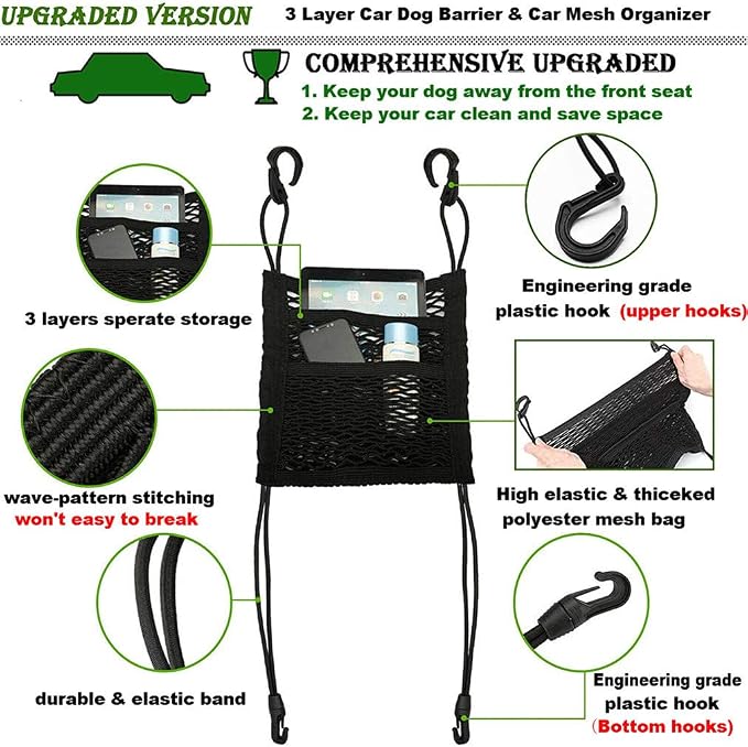 DYKESON Dog Car Net Barrier with Mesh Organizer, Pet Divider for Cars, SUVs | Upgraded Pet Barrier With Stretchable Storage Bag Pouch，Auto Backseat Net, Pet kids Safety Divider, Easy Install (3 Layer M)