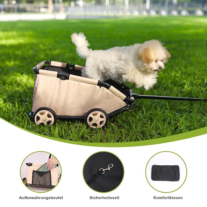 Mini Dog Strollers for Mini Pets, Foldable Multifunctional Shopping Carts with Extendable Pull Handle, Doggie Wagon Built-in Cushion and Safety Rope with Storage Bag (Khaki)