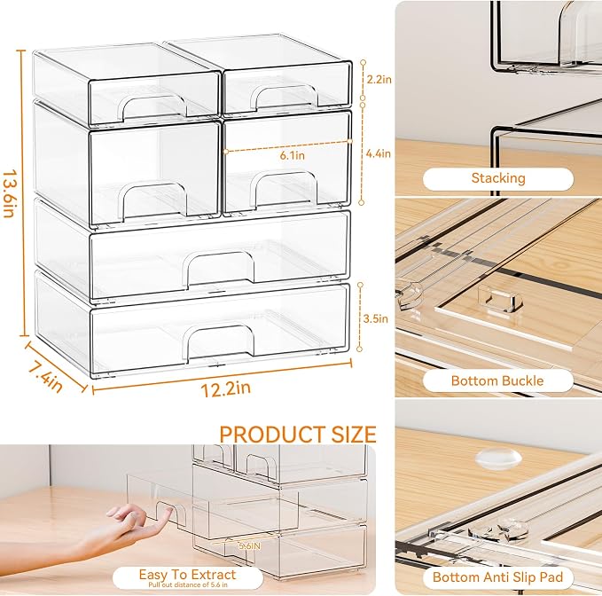 Yieach Clear Stackable Storage Drawers - Set of 6 - Acrylic Drawers,Bathroom Organizer Bin and Plastic Makeup Organizer,Clear Stacking Brightroom Storage Boxes for Vanity,Cabinet,Pantry Organization