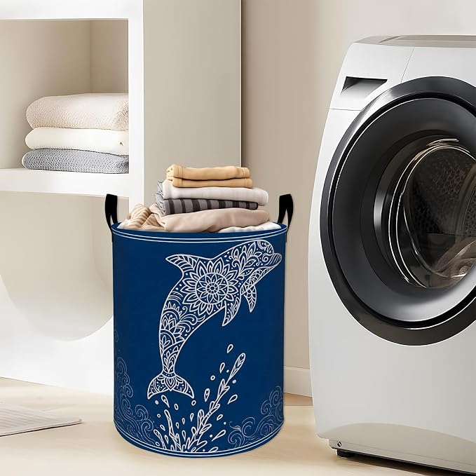 Jumping Dolphin Laundry Basket, Blue Bohemian Ocean Waves Storage Hamper, Round Collapsible Waterproof Cloth Bin, 19.7x15.7 Inch Boho Sea Clothes Organizer Gifts for Bathroom Decor