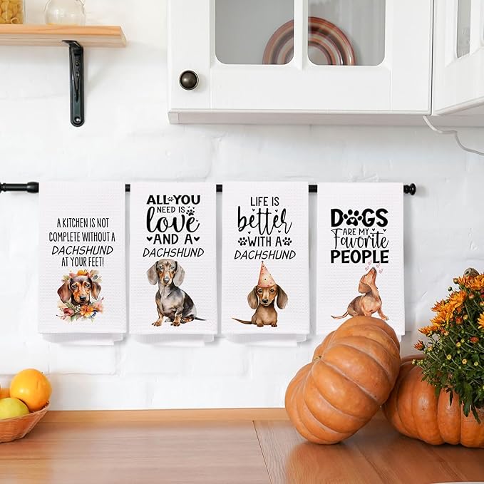 SPBL&L Dachshund Decor Kitchen Towels Set of 4, Dachshund Gifts for Women, Weiner Dog Hand Dish Towels for Kitchen Bathroom Decor, 16x24 Inches