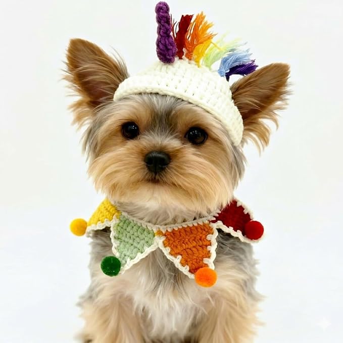 Cat Costume,Unicorn Dog Costume,Handmade Knitted Rainbow Dog Outfit,Cat Birthday Clothes,Pet Cloth for Cats and Small to Medium Dogs, Party, Holiday, Daily Wear & Photos