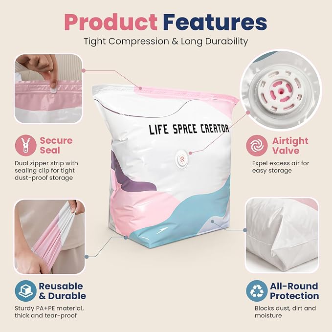 5PCS No Pump Vacuum Storage Bags, No Pump Large Vacuum Storage Compression Bags, Thick Airtight Reusable Organizer for Clothes Comforters Travel Moving Closet Storage (M)
