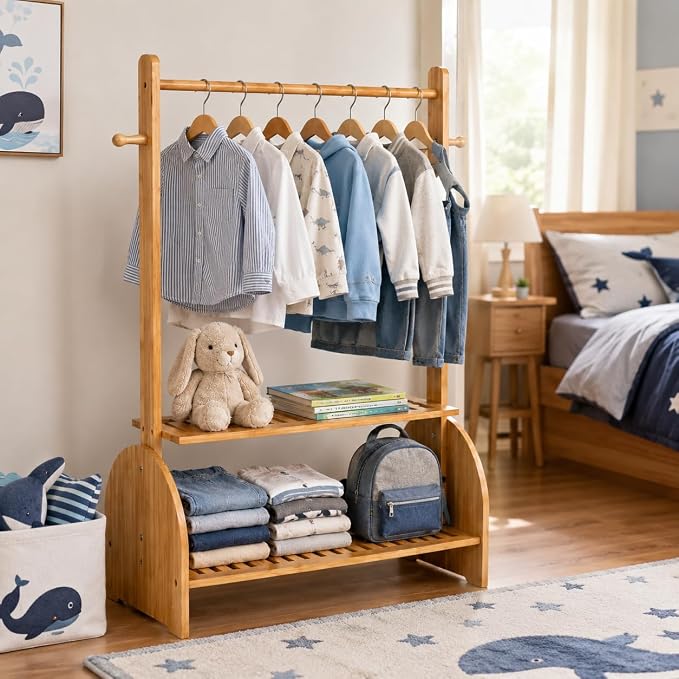 BAMBOOHOMIE Kids Clothing Rack with Adjustable Rods, Children Clothes Garment Rack for Kids Baby Pet, Kids Dress Up Rack with 2 Bottom Shelves, Kids Wardrobe Closet for Toddlers Nursery (Natural)