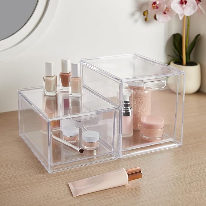 STORi Audrey Stackable Clear Bin Plastic Organizer Drawers | 2 Piece Set | Organize Cosmetics and Beauty Supplies on a Vanity | Made in USA (Pack of 3)