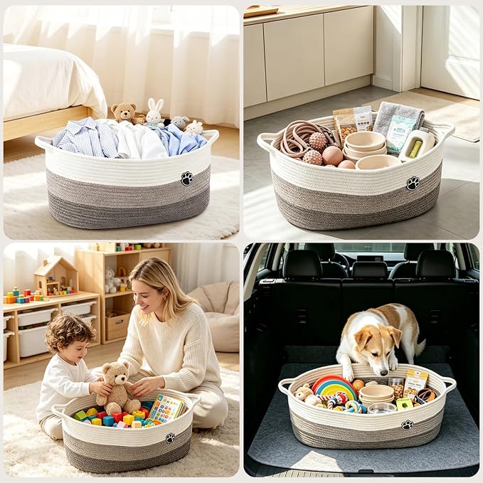 Dog Toy Basket, White & Brown, 2 Pack Toy Box and Bin for Dog Cat Storage, 20" X 11" X 8" Large Woven Rope Basket, for Blanket Storage, Living Room, Bedroom