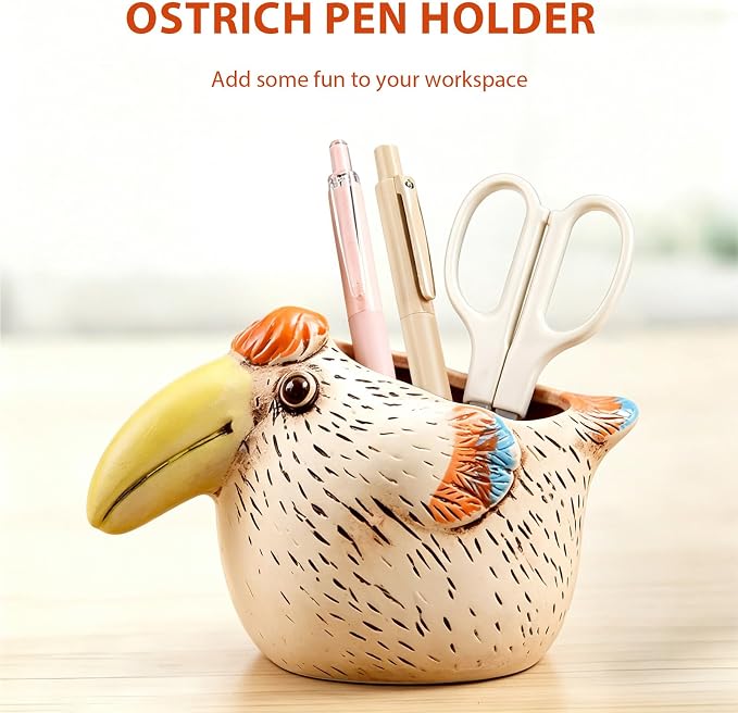 Ceramic Ostrich Shaped Pen Pencil Holder for Desk Decoration Accessories Ostrich Decor Makeup Brush Pen Cups Succulent Plant Pot Office School Ideal Gifts for Women, Mom or Birthdays