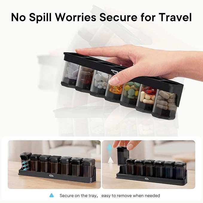 Medium-Large Weekly Pill Organizer 1 Time a Day, 7 Day Pill Box, Black | BPA-Free, Spill-Resistant, Detachable 1-a-Day Boxes, for Vitamins & Medication, Travel-Friendly, Velvet Pouch