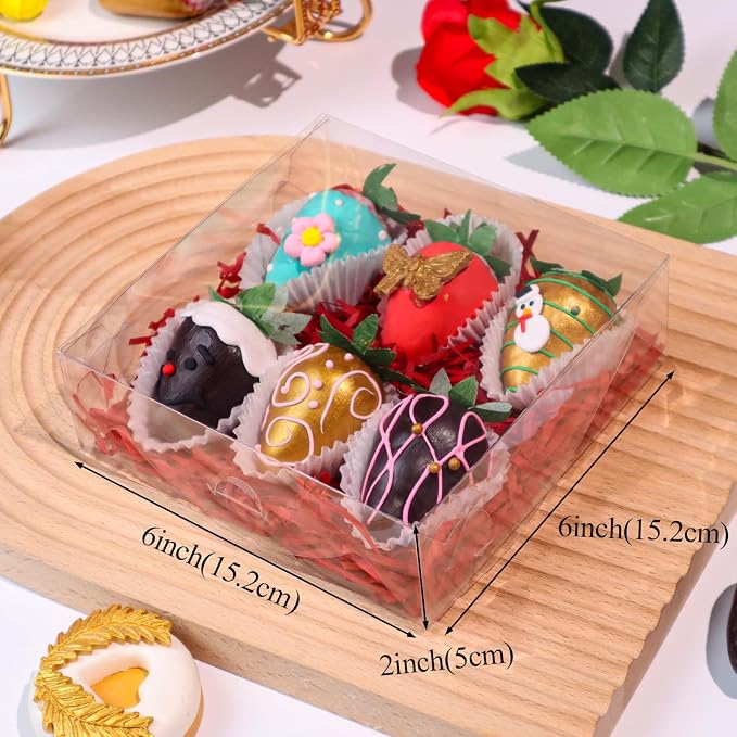 50 Pack 6x6x2 Inches Cookies Boxes with Clear Window Chocolate Covered Strawberries Boxes Bakery Packaging for Cake Pie Macaron Chocolate Truffle Treat Gift Christmas Easter Mother's Day