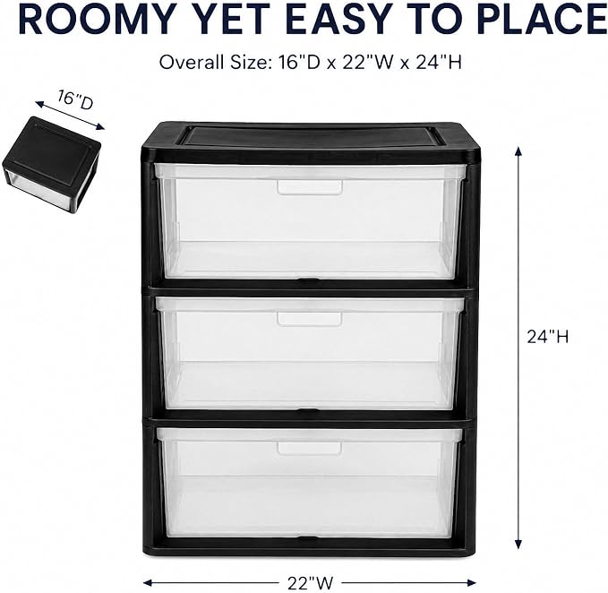 3 Drawer Plastic Storage Tower Wide Organizer for Closet Bedroom (Black) | Stackable wide drawers for clothes, toys and crafts. Durable see-through plastic provides quick visibility.