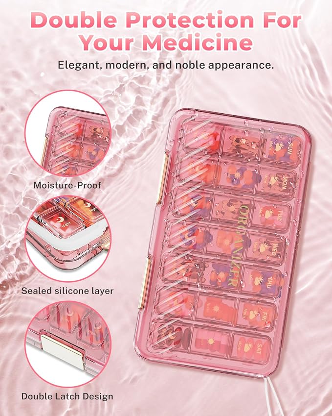 Weekly Pill Organizer 3X a Day - 7 Day Pill Box with 21 Compartments (Morning/Noon/Night), BPA-Free Daily Pill Case, Portable Medicine Organizer for Vitamins, Supplements & Medication【Upgrade】 (Pink)