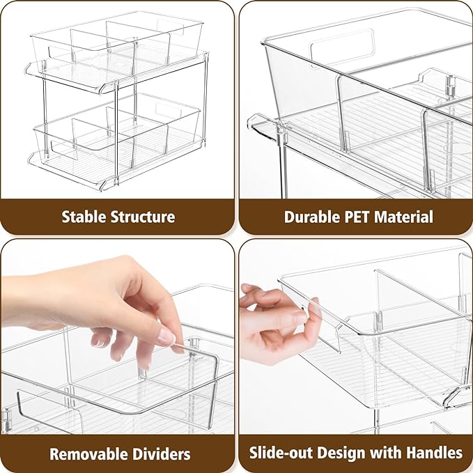 Bathroom Under Sink Organizers and Storage, 2 Tier, 2 Packs | Clear Vanity Countertop Pull-out Cabinet Organizer, Stackable Multi-Purpose Kitchen Pantry Organization with Dividers