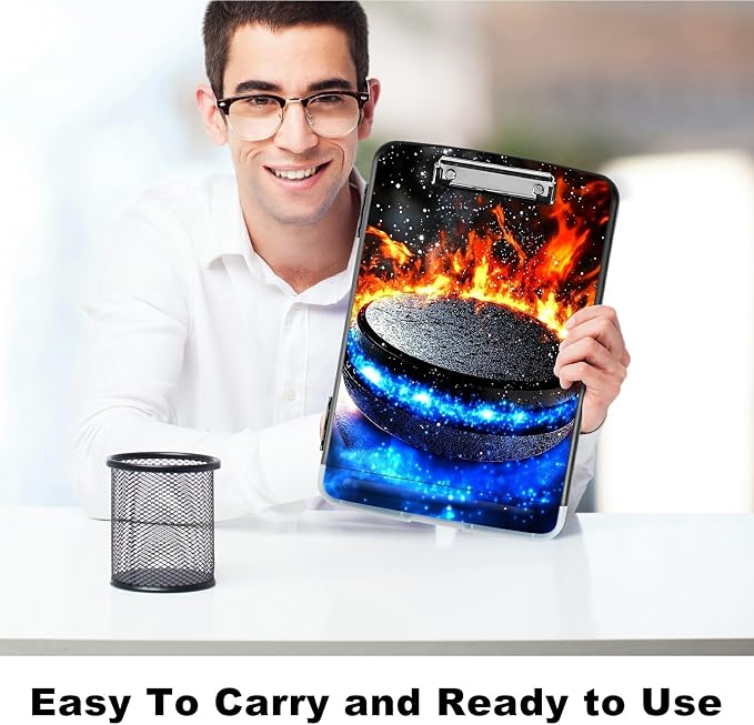 A4 Clipboard with Storage Pen Holder, Clipboards Organizer Nursing Clipboard Foldable File Folder Plastic Clipboard Folio Clip Board for Office Work Classroom Doctor, Blue Red Flames