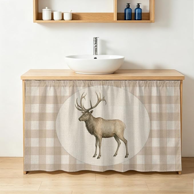 Majestic Buck Cabinet Curtains 28"x51" Sink Skirt for Bathroom Kitchen, Vintage Natural Buck Rustic Linen Plaid Self Stick Adhesive Under Desk Covers Tall Laundry Cabinet Storage Organizer