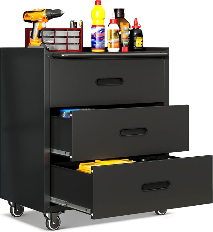 Garage Cabinets,Metal Garage Storage Cabinet with Wheels,Black Lockable Rolling Tool Cabinet with Drawer and Adjustable Shelves,Heavy Duty Tool Chest for Home Office Utility Room