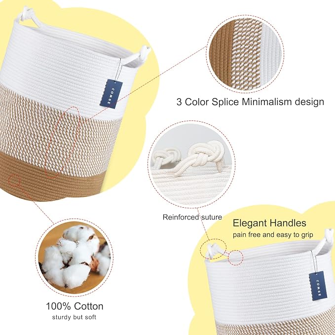 COMSE Tall Woven Blanket & Laundry Basket, 72L, White & Camel Mix | 15.7”x 21.7”, Cotton Rope, Large Nursery Hamper for Storage of Toys Clothes Towels, Great for Living Rooms Bedrooms Bathrooms