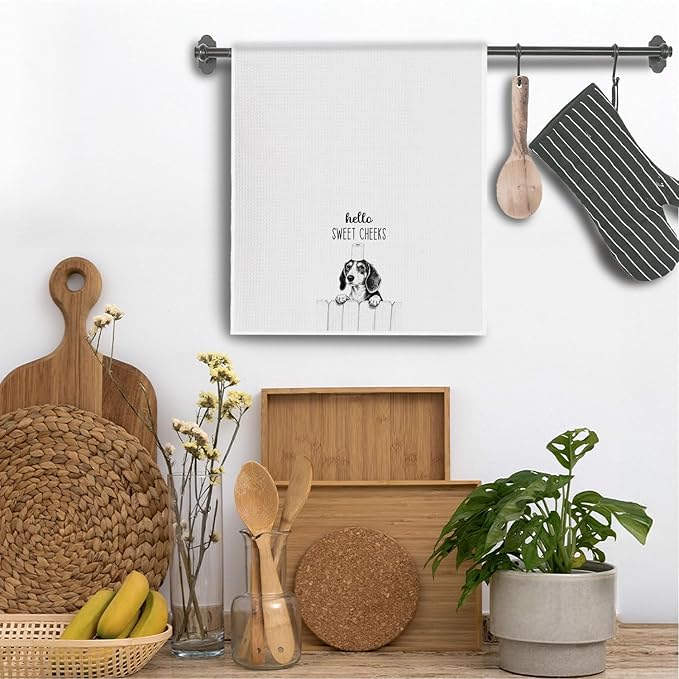 Farmhouse Funny Dachshund Dog Hand Towels, Hello Sweet Cheeks Bathroom Decor, Weiner Dog Lover Gifts Decorative Hand Towels for Bathroom Washroom Restroom, 16x24 Inch