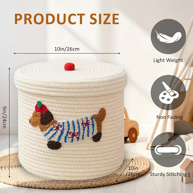 Cute Dog Cotton Rope Storage Basket with Lid, 10"×10"×9" Woven Storage Bin, Large Capacity Dustproof Toy Organizer, Decorative Laundry Hamper for Living Room, Nursery, Kids Room (Large)