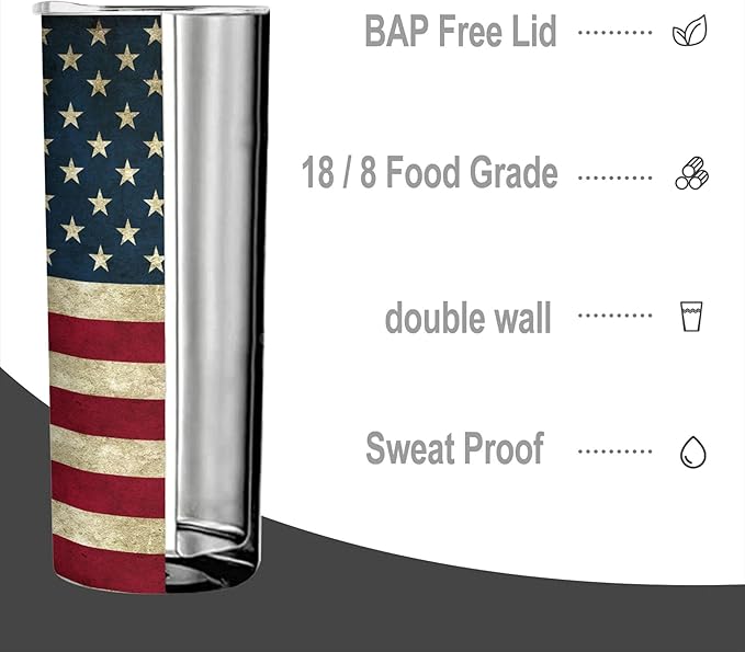 20 oz Insulated Stainless Steel Tumbler Mug, American Banner US Retro Flag Cup with Lid, Hot and Cold Insulation Presents for Men Women Teens