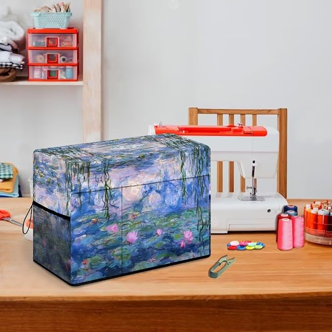 Water Lilies Print Sewing Machine Cover Oil Painting Style Duty Protective Dust Cover with Storage Pockets for Most Standard Singer & Brother Sewing Machines and Accessories(Blue)