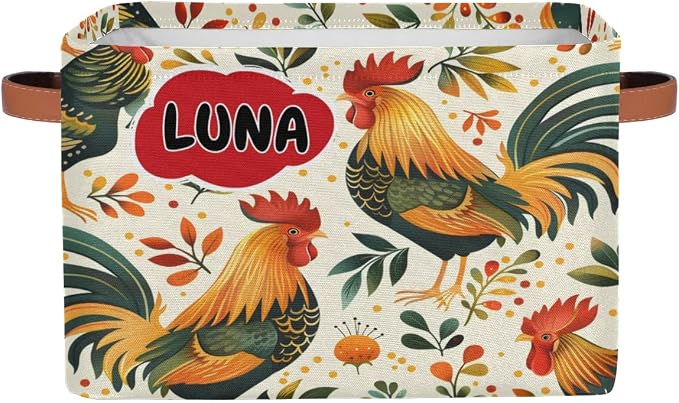 Custom Storage Baskets for Kids Name, Large Foldable Organizer Collapsible Storage Bin with Leather Handle for Home Toys Closet Nursery, Farmhouse Cock Rooster