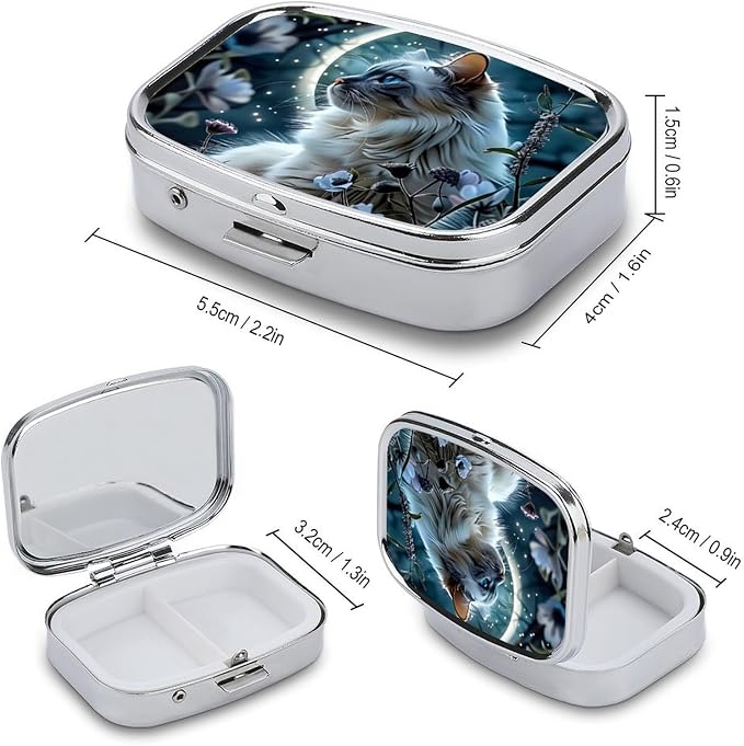 White Cat Pattern Durable Metal Pill Case for Daily Use, 2 Slot Medicine Box Organizer,Leak Proof Travel Pill Container for Vitamins, Compact Pocket Medicine Holder for Seniors,Holiday Gift