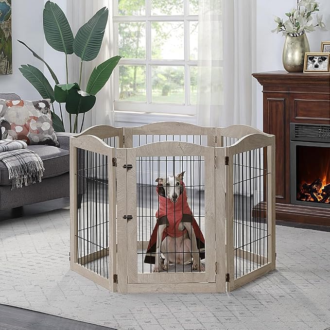 unipaws 132" Extra Wide Dog Gate and Pet Playpen with Walk Through Door | Free Standing Tall Dog Fence, Barriers for Home, Use as Indoor Dogs Cats Pen, Rabbit Pen, Weathered Grey