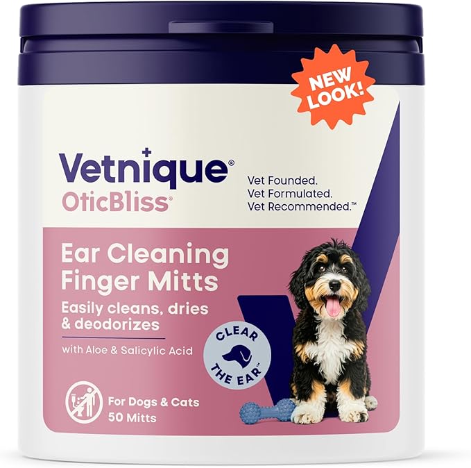 Vetnique Oticbliss Cat & Dog Ear Wipes - Dog Ear Infection Wipes or Dog Ear Cleaner Wipes for Dirty, Waxy, Smelly Ears, Odor Control with Aloe Vera & Salicylic Acid (Fingermitt Ear Wipes (50ct))