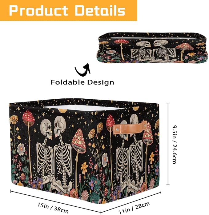 Pardick Storage Baskets Bin, Boho Skull Mushroom Collapsible Canvas Fabric Storage Bin Decorative Baskets Toy Organizer Rectangle Storage Boxes with Handles for Home Shelves Nursery,1Pack,A-1872