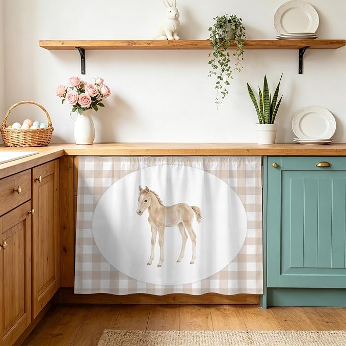 Graceful Pony Oven Skirt Curtain for Kitchen Decor 28"x35", Natural Horse Modern Farmhouse Plaid Rustic Self Adhesive Stove Curtains Skirt Cabinet Curtains for Bathroom Laundry Room