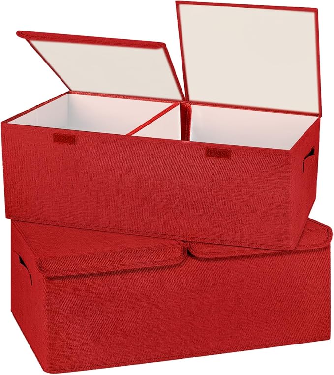 2 Pack Large Storage Boxes with Lids and Handles, Collapsible Linen Storage Bins Organizer Containers Baskets Cube with Removable Divider for Home Bedroom Closet Office (Red, Small)