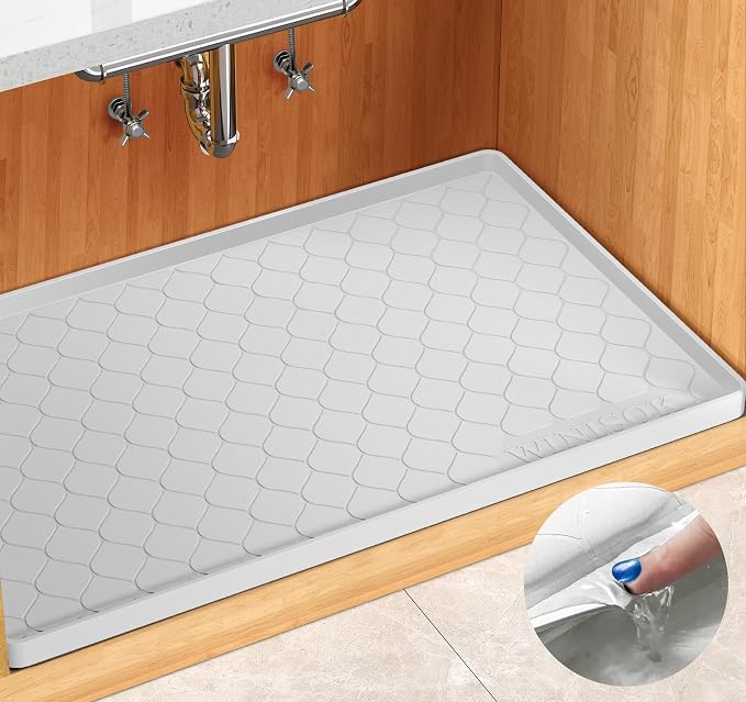 Winisok Waterproof Under Sink Mat 34" x 19", Silicone Mat, White | Raised Edge Traps Spills & Leaks, Shelf Liner, Cabinet Protector, for Kitchen, Bathroom, Boots, Pets, Home Essentials